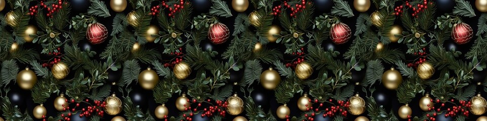 Christmas holiday celebration decoration background banner panorama, long texture - Chrsitmas ornaments, baubles and pine brnaches, on dark blue table, top view, seamless pattern (Generative Ai)