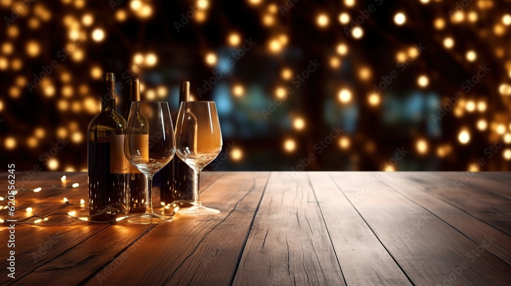 Poster christmas lights on wooden table, wine cellar blur background wallpaper. generative ai