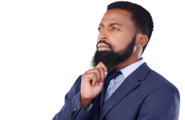 Businessman, problem solving and thinking of idea and solution, vision or remember strategy on transparent png background. Isolated, black man and think of question, dream or mind with doubt