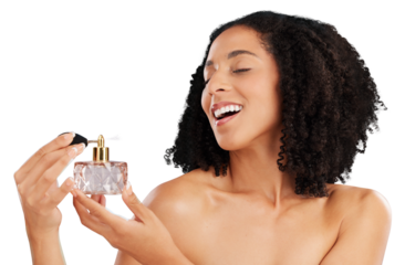 Perfume, beauty and happy woman with fragrance cosmetics on isolated, transparent and png background. Scent, smelling and female wellness model smile for luxury , aroma and self care hygiene product