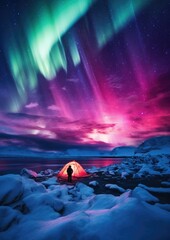 Green Aurora borealis at night with tent in iiceland nature, night. Generative Ai.