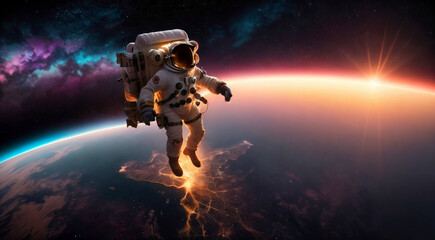 Fototapeta na wymiar Astronaut at spacewalk. Cosmic art, science fiction wallpaper. Beauty of deep space. Billions of galaxies in the universe. Elements of this image furnished by NASA