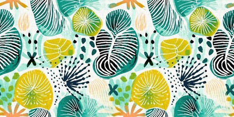  Seamless trendy underwater shell clam repeat background. Tropical modern seashell coastal pattern clash fabric coral reef border print for summer beach textile banner edge with a linen cotton effect.