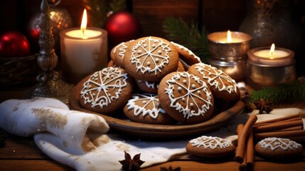 Christmas food bakery bake baking photography background - Closeup of many gingerbread cookies, with white icing decoration on dark table, top view (Generative Ai)