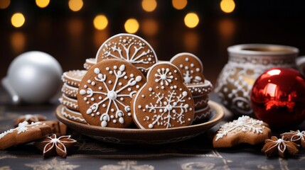 Fototapeta premium Christmas food bakery bake baking photography background - Closeup of many gingerbread cookies, with white icing decoration on dark table, top view (Generative Ai)