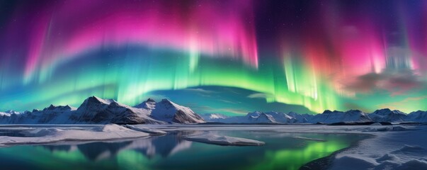 Green and pink Aurora borealis at night over iceland lake, night panorama. Generative Ai.