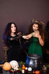 Two witches with rats in their hands pose against a dark background.