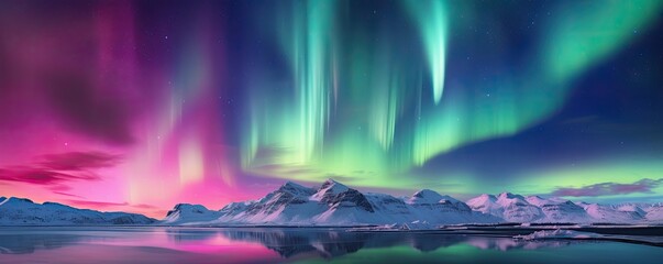 Fototapeta na wymiar Green and pink Aurora borealis at night over iceland lake, night panorama. Generative Ai.