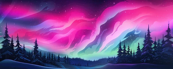 Foto auf Acrylglas Rosa Multicolor Aurora borealis at night over mountains on iceland nature, panorama. Generative Ai.