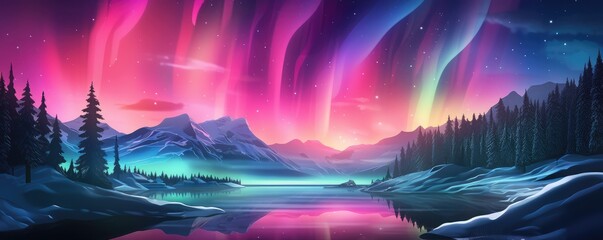Fototapeta premium Multicolor Aurora borealis at night over mountains on iceland nature, panorama. Generative Ai.