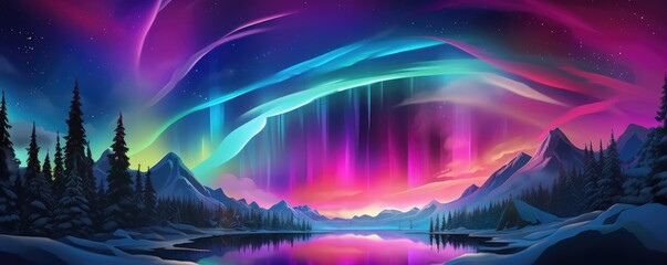 Multicolor Aurora borealis at night over mountains on iceland nature, panorama. Generative Ai.