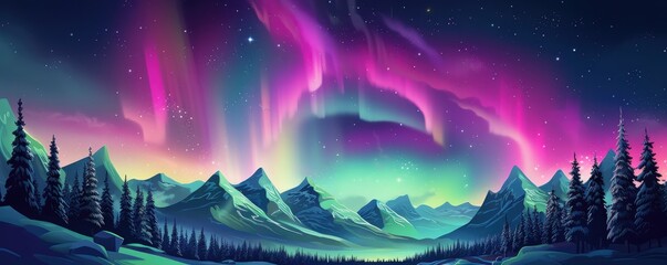 Multicolor Aurora borealis at night over mountains on iceland nature, panorama. Generative Ai.