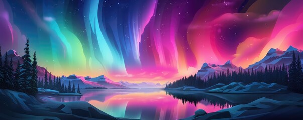 Obraz na płótnie Canvas Multicolor Aurora borealis at night over mountains on iceland nature, panorama. Generative Ai.