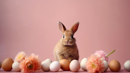 Fototapeta na wymiar Bunny with Easter eggs on a pink background, minimalism, copy space. AI generated