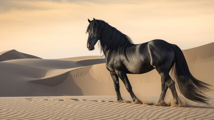 Obraz na płótnie Canvas A majestic black horse stands proudly in the vast desert, embodying strength and grace amidst the rugged landscape. AI generated