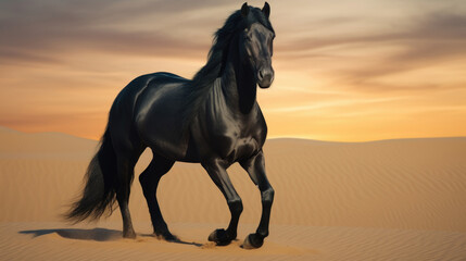 A striking black horse roams the desert, blending seamlessly with the rugged landscape, showcasing the harmony between nature and equine grace. AI generated