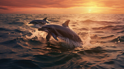 dolphins playfully swims in the crystal-clear waters, exemplifying the joy and camaraderie among these majestic creatures. AI generated