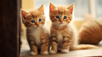 Two adorable kittens with wide eyes, captured in a cozy home environment AI generated