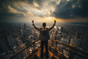 Naklejka na ściany i meble Successful businessman raising his arms like a winner standing on roof of office building with city view. Concept of business success and victory.
