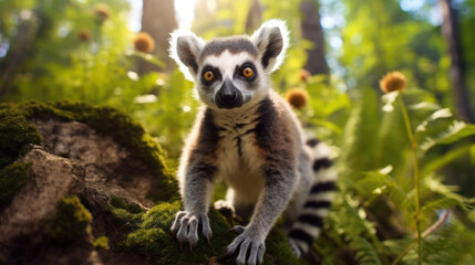 Enchanting lemur exploring its natural surroundings, displaying its distinctive traits amidst the vibrant foliage of its habitat AI generated
