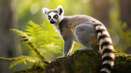 Naklejka premium A captivating lemur perched on a tree branch, showcasing its unique features amidst the lush greenery of its natural habitat AI generated