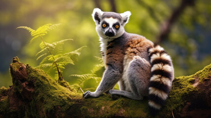 Naklejka na ściany i meble Fascinating lemur, a symbol of Madagascar's biodiversity, gracefully perched on a tree branch, blending perfectly with the lushness of nature AI generated
