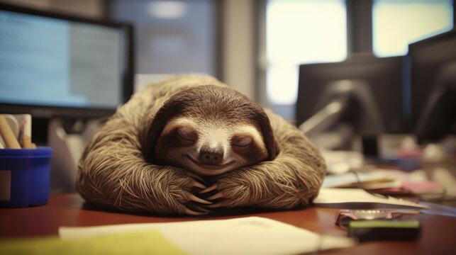 Tranquil sloth finding solace in an office setting, embodying a calm and serene atmosphere that promotes relaxation and work-life balance AI generated