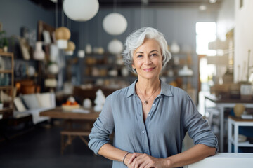 Portrait of a smiling woman with grey hair, small business owner in her furniture store