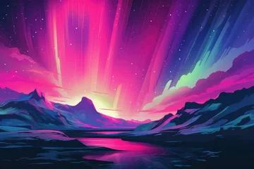 Foto op Canvas Multicolor Aurora borealis at night over iceland moutain lake, night. Generative Ai. © annamaria