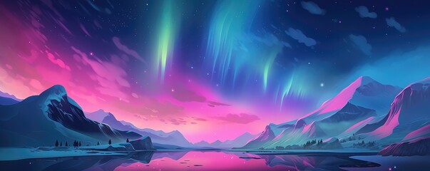 Fototapeta na wymiar Pink Aurora borealis at night over iceland moutain lake, night panorama. Generative Ai.
