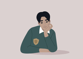 A young Asian student propping up their face with hand, attentive listener