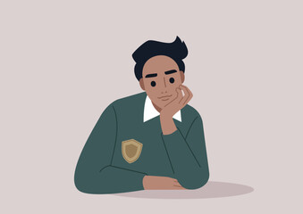 A young Caucasian student propping up their face with hand, attentive listener