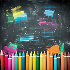 Colorful crayons on the blackboard background