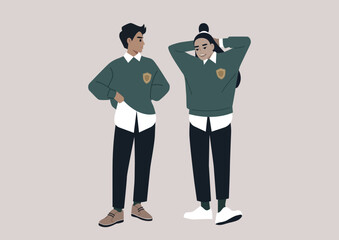 A shy student flirting with their crush during the break, both wearing university uniforms