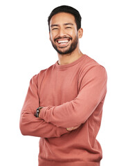 Laugh, portrait of man with arms crossed and isolated on transparent png background, confidence...