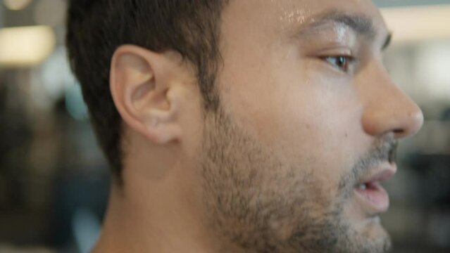 Tired Sweaty Man Runner Jogging On Treadmill In Gym - Extreme Face Closeup In Slow Motion