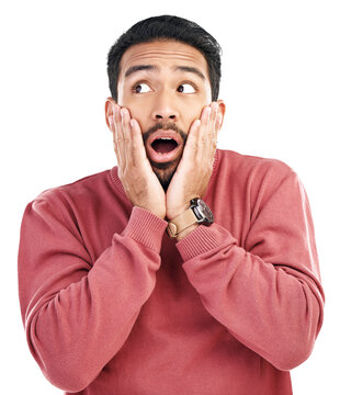 Wow, surprise and hands on face of asian man with gossip, secret or drama on isolated, transparent or png background. Wtf, news and male person with shocked emoji for promo, deal or coming soon sale