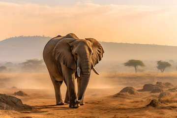 Elephants walking across a dry grass field. Animal and nature environment concept.