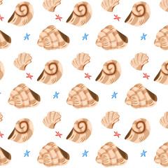 Seamless pattern with cartoon style seashells and starfish on white background
