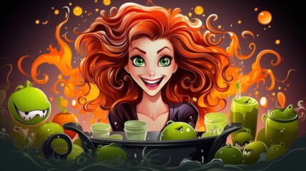Drawn flickering red-haired witch brews a potion in a cauldron. Poisonous bubbles fly around. Halloween concept. AI generation