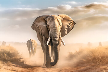 Fototapeta na wymiar Herd of elephants walking across a dry grass field. Animal and nature environment concept.