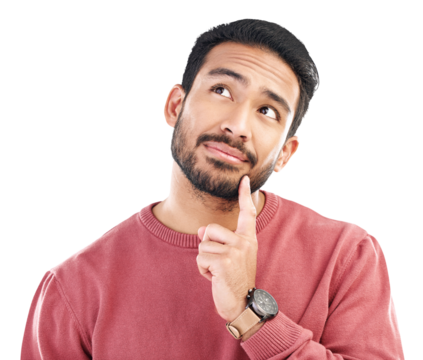Thinking, decision and face of asian man with questions on isolated, transparent or png background. Idea, choice and male person with doubt emoji, puzzled or unsure, why or how to or what if gesture - Powered by Adobe