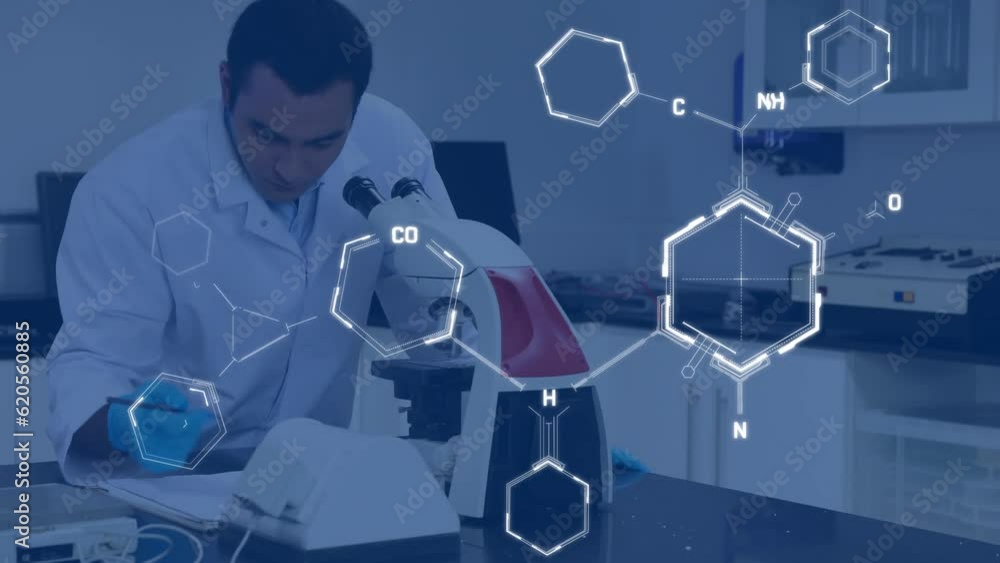 Poster animation of scientific data processing over biracial male scientist using microscope