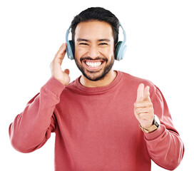Headphones, smile and portrait of a young man listening to radio, music or podcast with energy. Excited, happy and male model streaming song, album or playlist isolated by transparent png background.