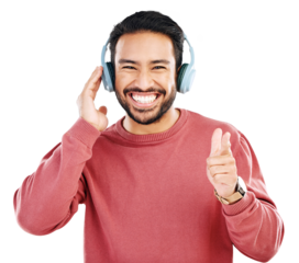 Headphones, smile and portrait of a young man listening to radio, music or podcast with energy. Excited, happy and male model streaming song, album or playlist isolated by transparent png background.