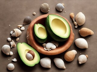 shells and stones with avocados 