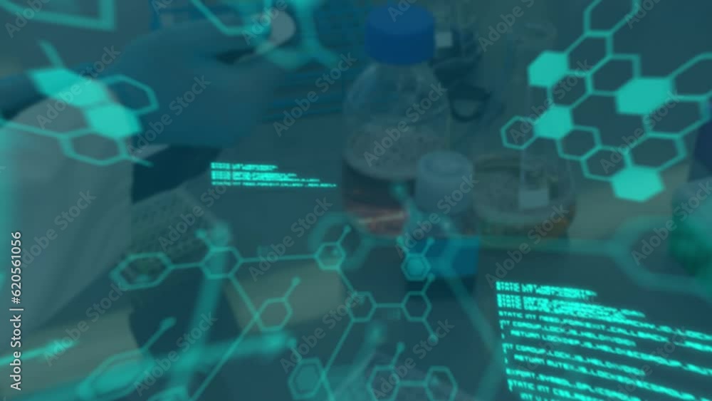 Aufkleber animation of scientific data processing over scientist in laboratory