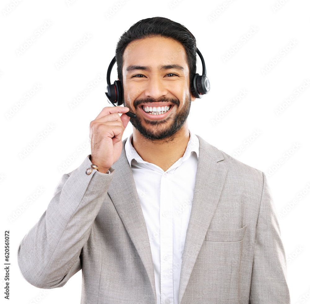 Poster call center, business and smile with portrait of man on png for customer service, networking and adv