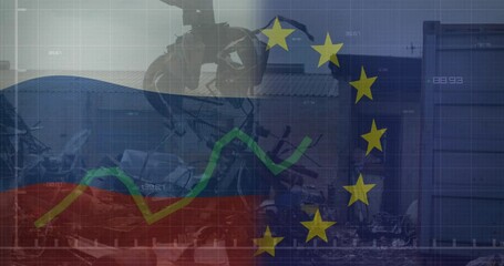 Animation of eu and russia flag and statistics data processing over machine at junkyard - Powered by Adobe