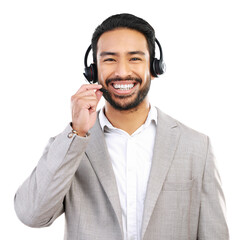 Call center, business and smile with portrait of man on png for customer service, networking and advice. Technical support, contact us and agent with consultant isolated on transparent background